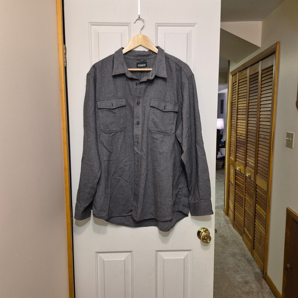 Outdoor Life Mens 2XL Gray Long Sleeve Button Front Flannel Shirt Cotton Blend